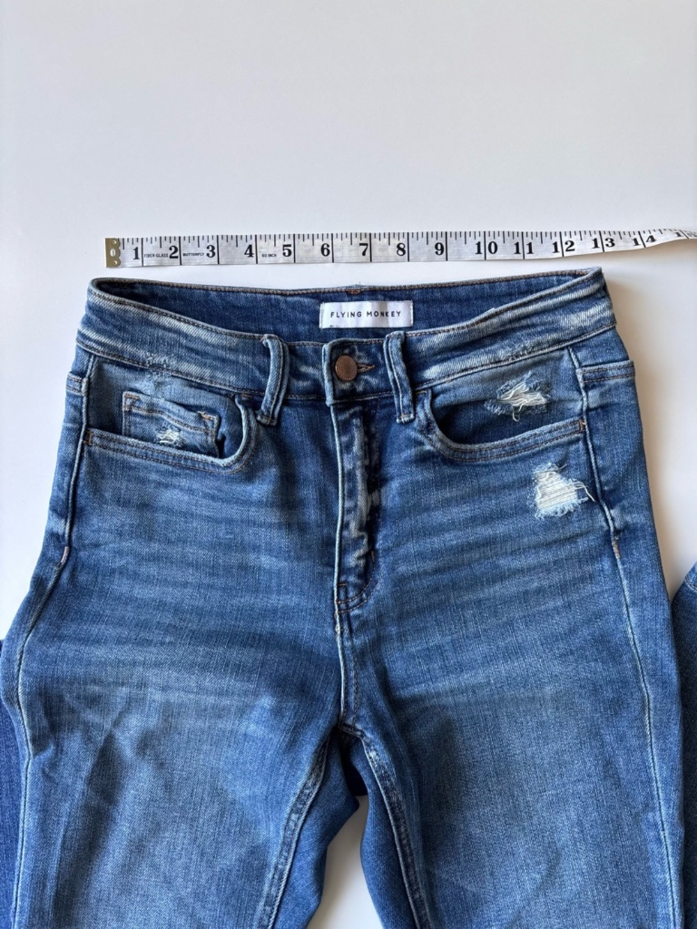 Flying Monkey High Rise Distressed Blue Flare Jeans - Picture 10 of 14